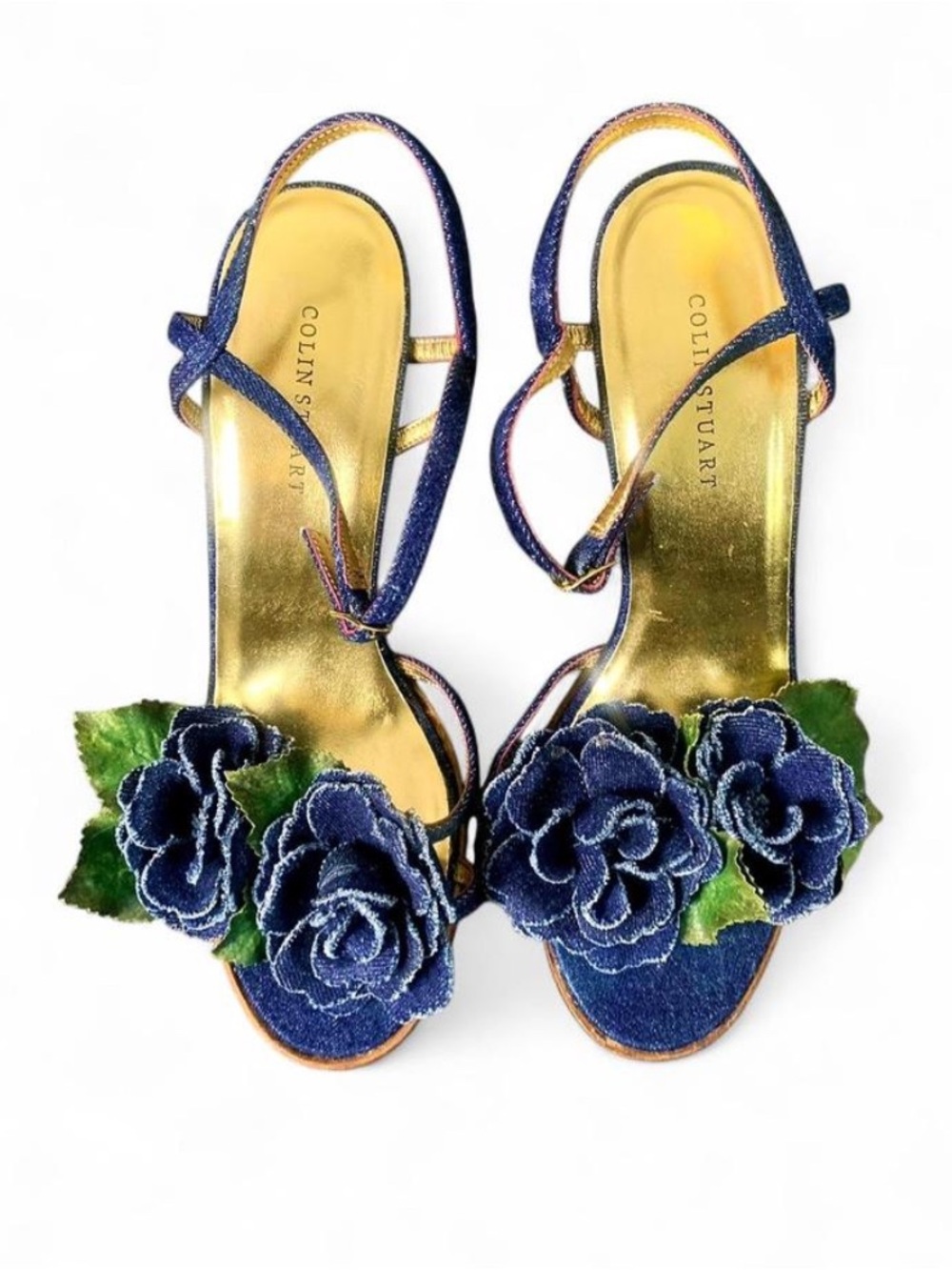Colin Stuart Navy Blue Floral Slingback Heels with Gold Insole size 9